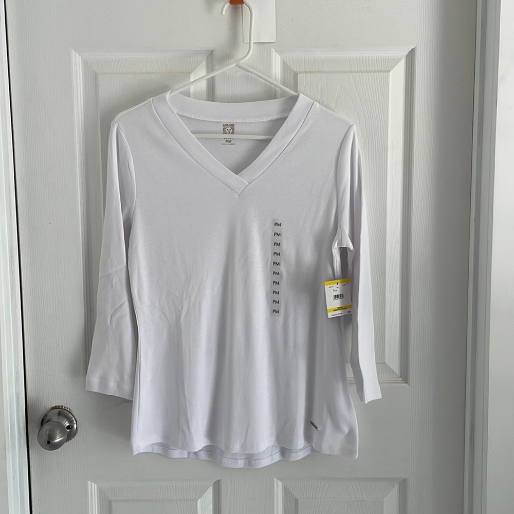 Anne Klein Sport White V-Neck Long Sleeve T-Shirt - Size PM